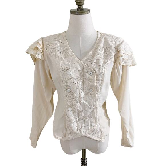 Vintage Tops - Vintage 90s Cream Lace Long Sleeve Double Breasted Top Ruffle Shoulder Sz Small